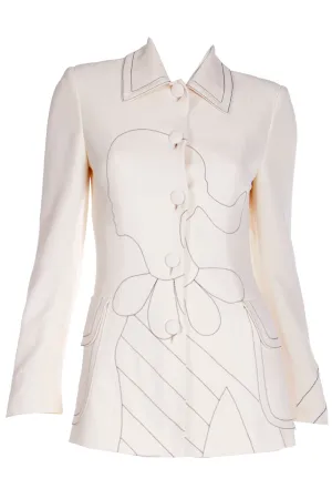 1990s Moschino Cream Jacket w Black Line Drawing of Olive Oyl Ciao