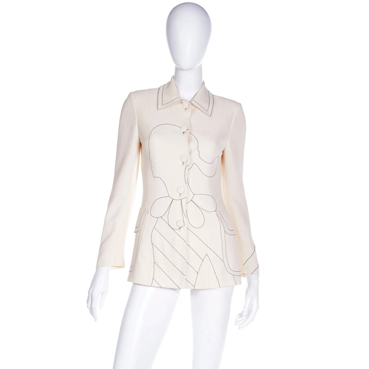 1990s Moschino Cream Jacket w Black Line Drawing of Olive Oyl Ciao