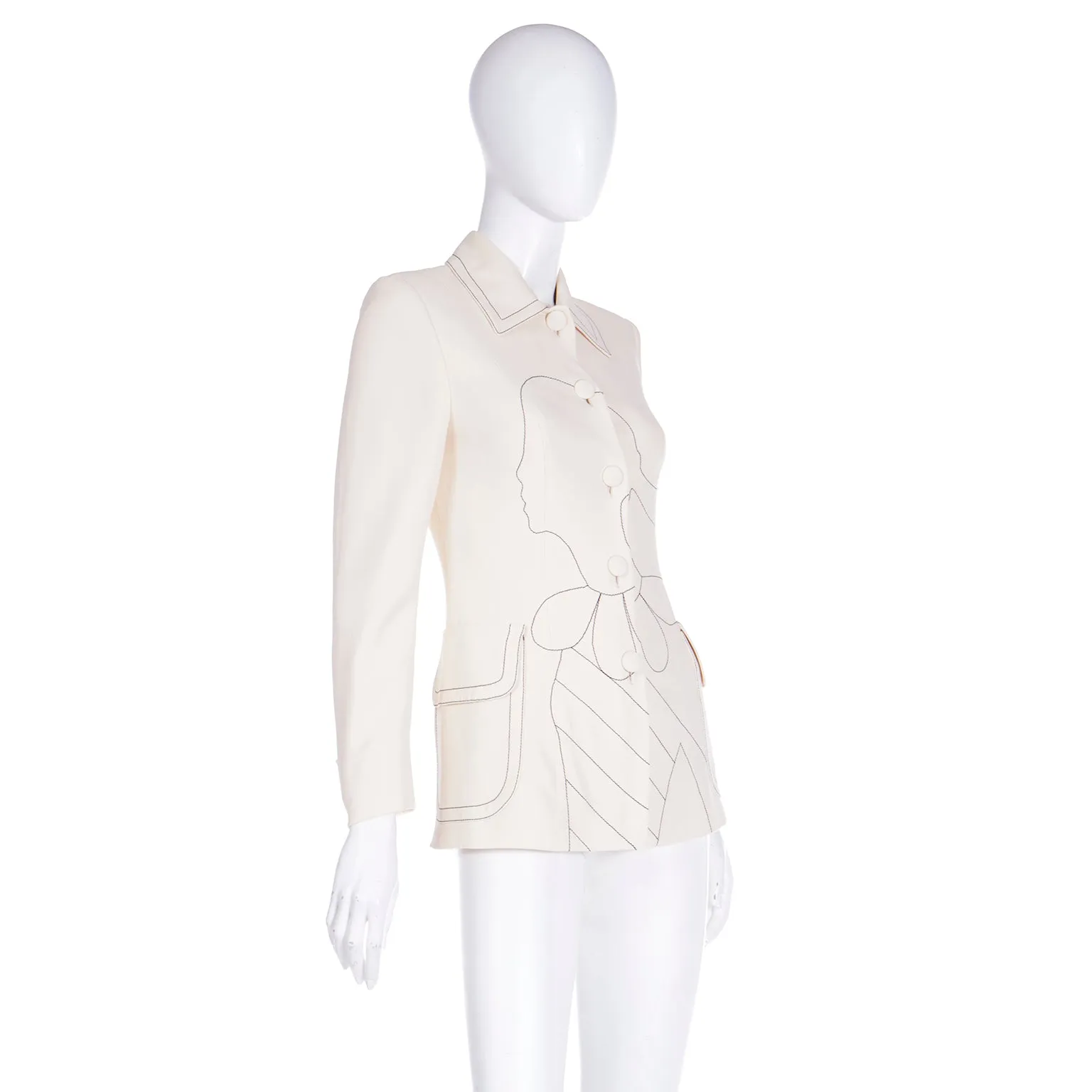 1990s Moschino Cream Jacket w Black Line Drawing of Olive Oyl Ciao