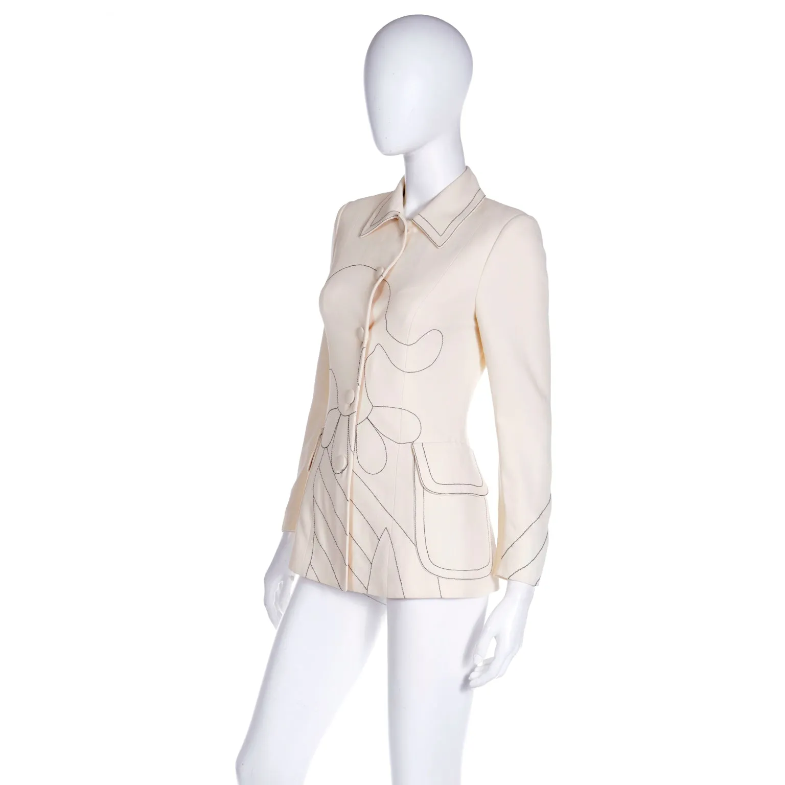 1990s Moschino Cream Jacket w Black Line Drawing of Olive Oyl Ciao