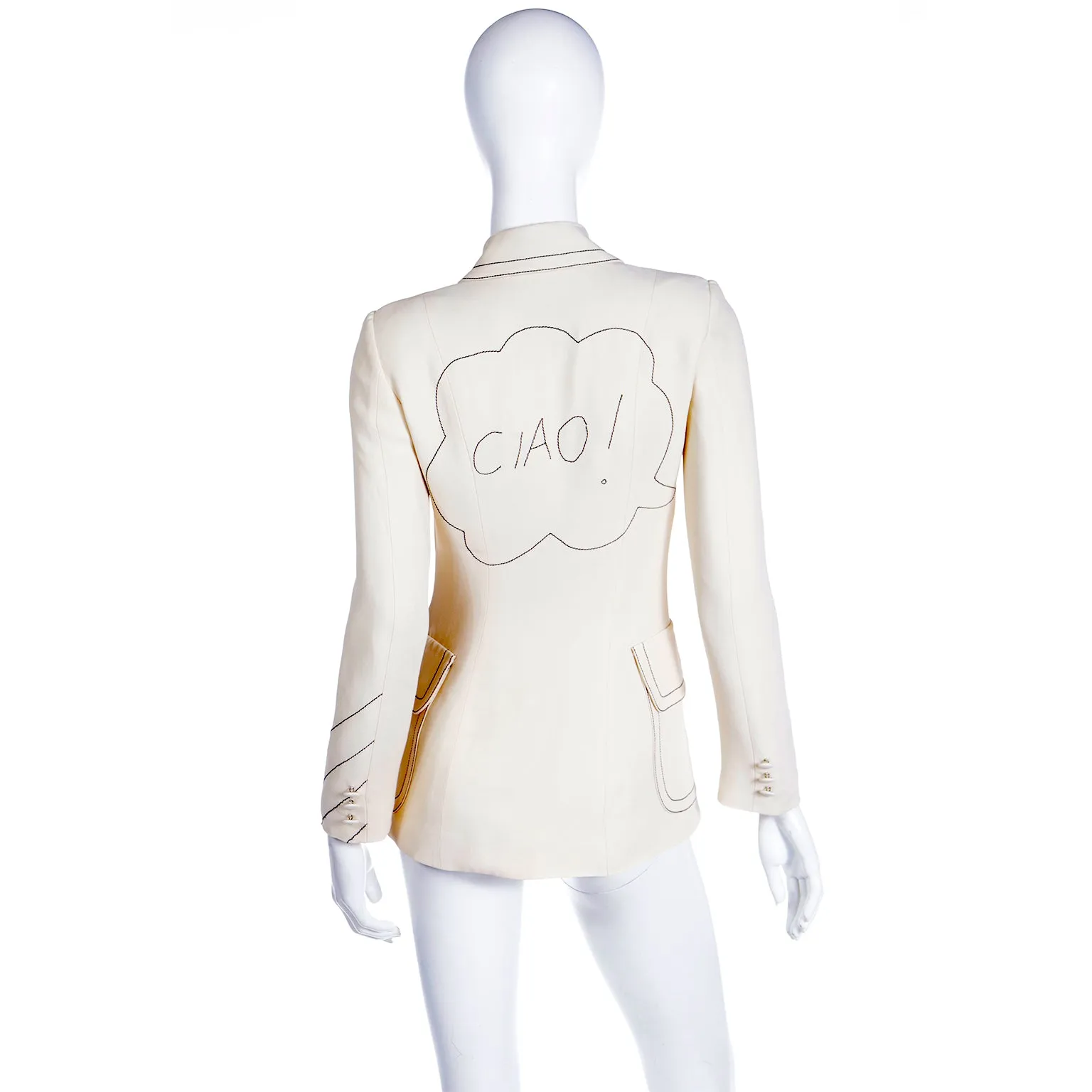 1990s Moschino Cream Jacket w Black Line Drawing of Olive Oyl Ciao