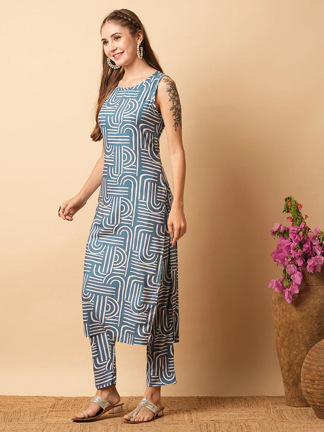 Abstract Geometric Printed Straight Fit Co-ord Set - Blue