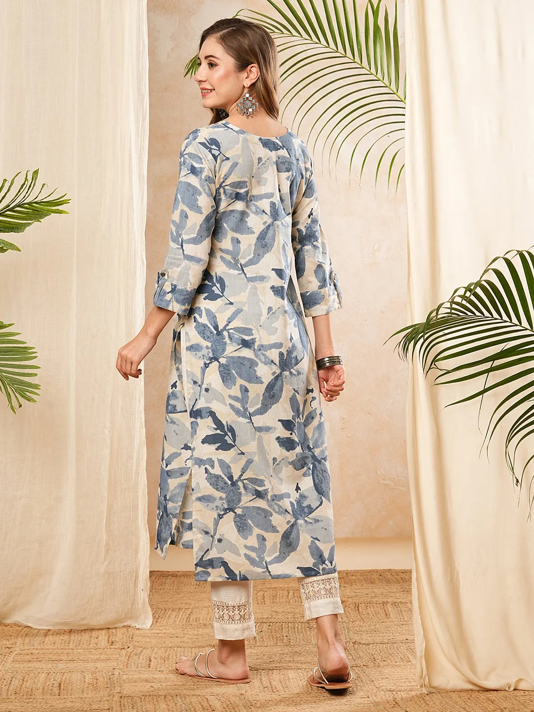 Abstract Printed Resham & Sequins Embroidered Kurta - Blue & Off White