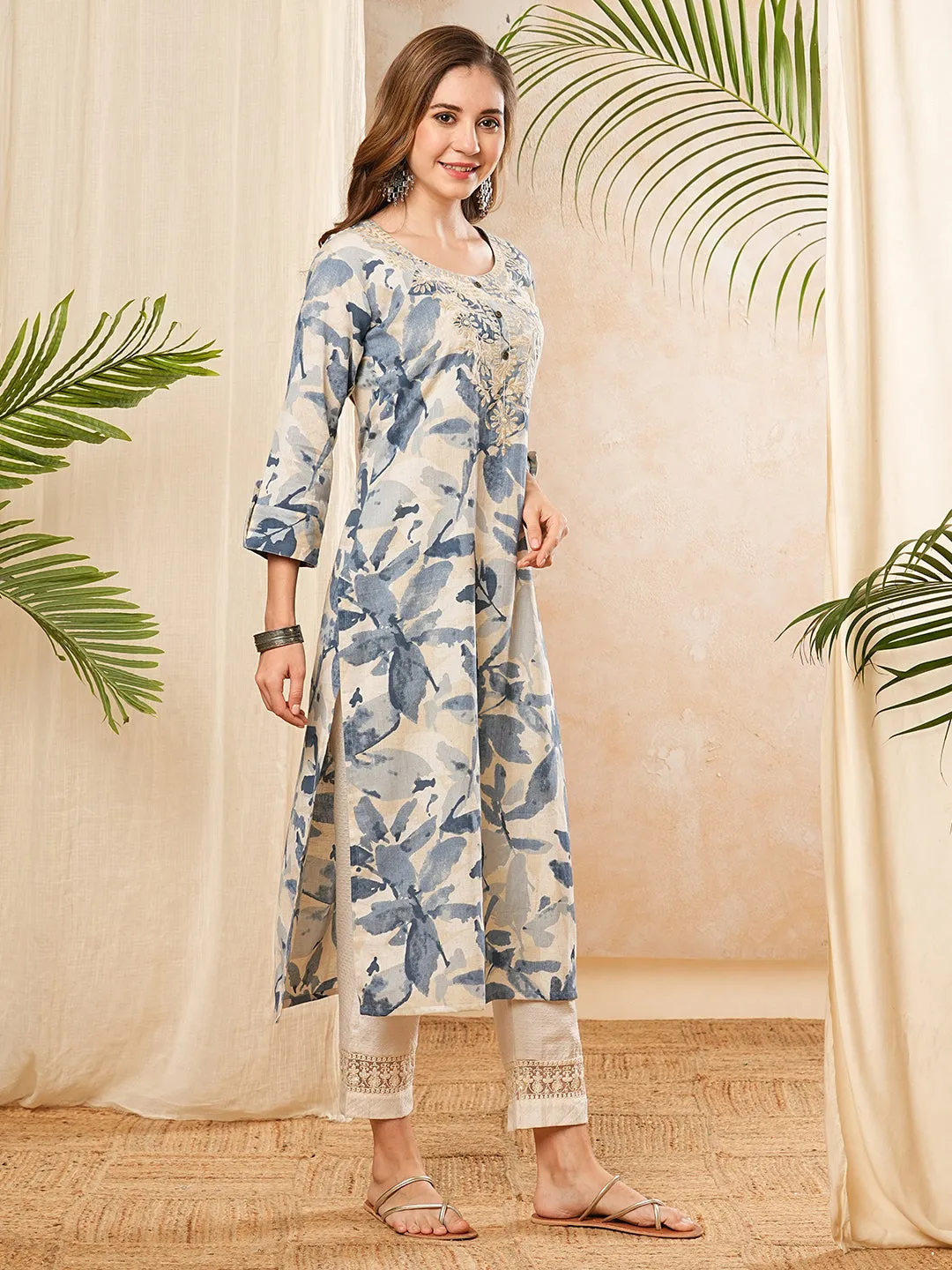 Abstract Printed Resham & Sequins Embroidered Kurta - Blue & Off White