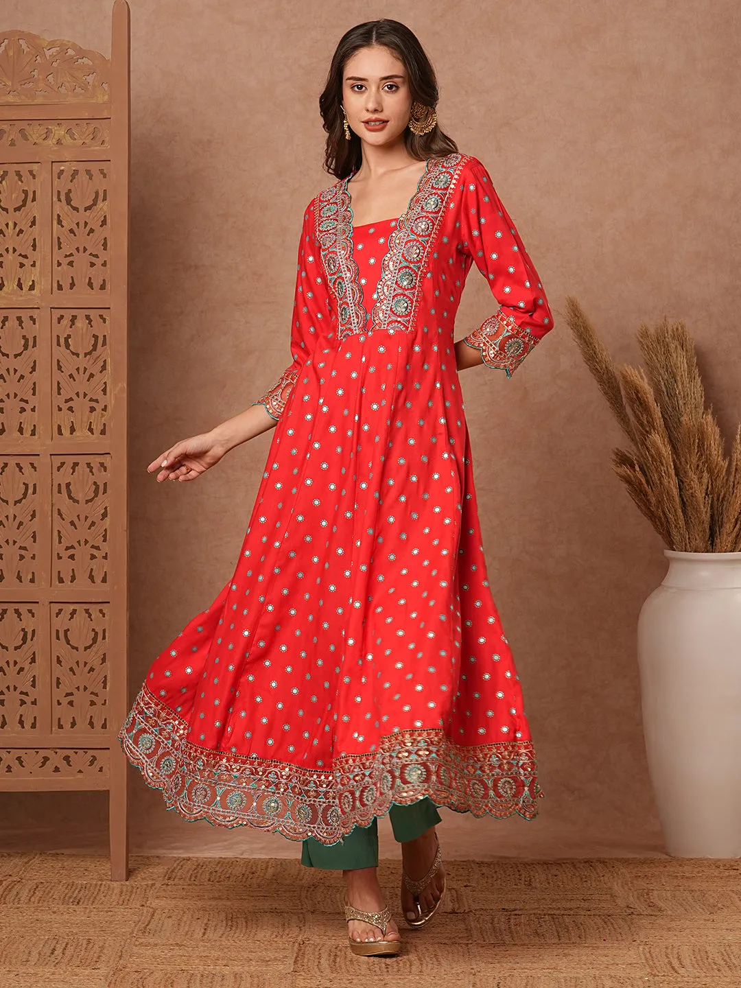 Abstract Printed Resham, Sequins & Zari & Embroidered Anarkali Dress - Red