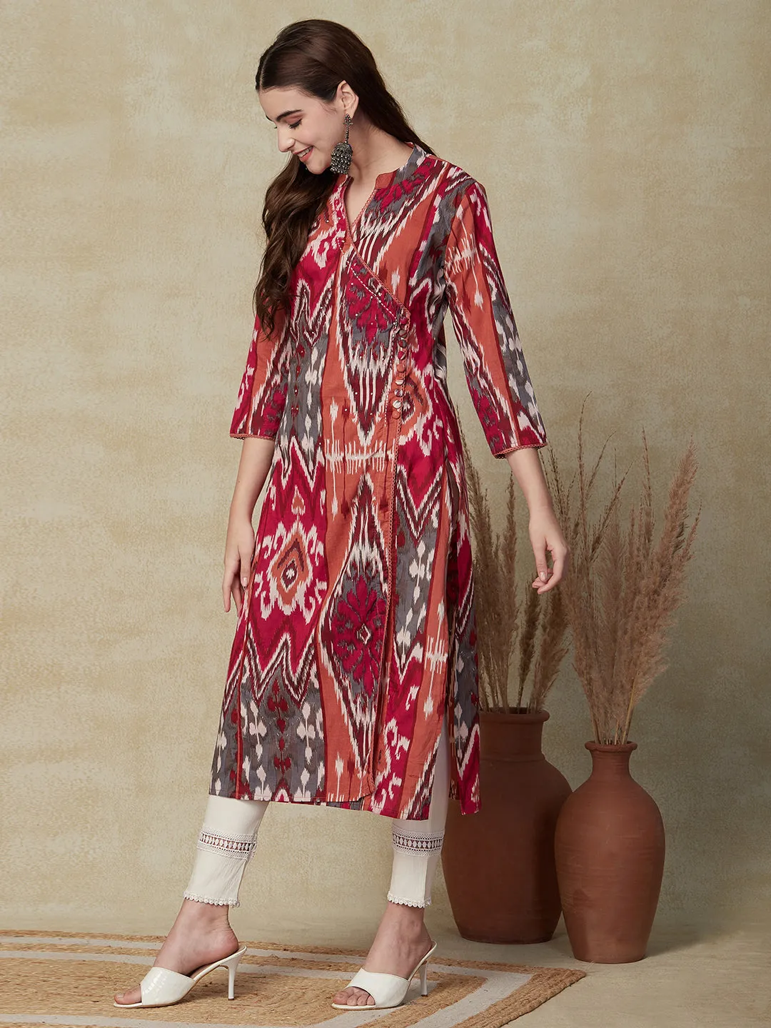 Abstract Printed Sequins Embroidered Crochet Lace Work Kurta - Pink