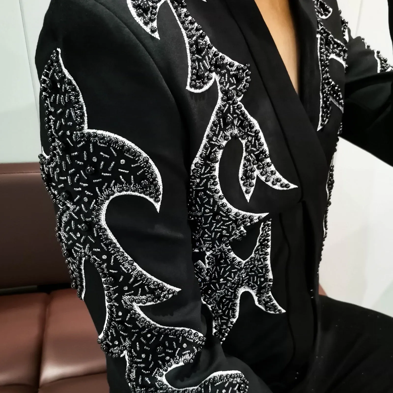 Abstract Rhinestone Pattern Shawl Lapel Blazer