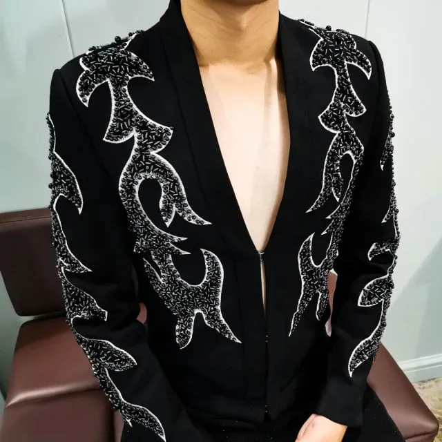 Abstract Rhinestone Pattern Shawl Lapel Blazer