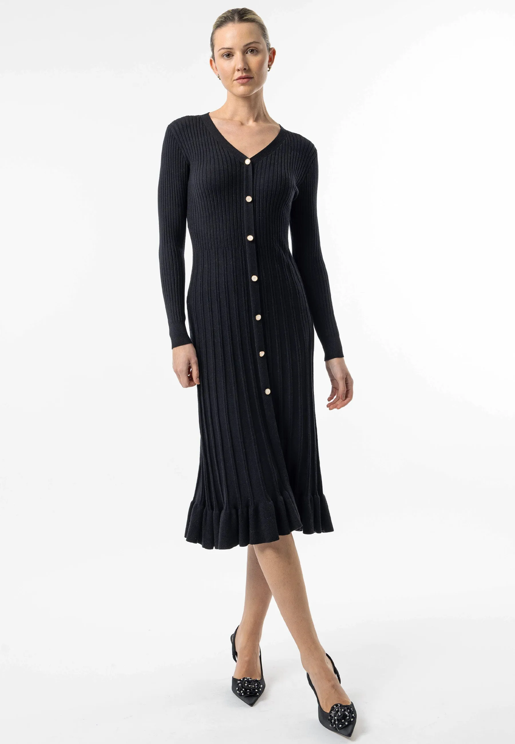 Angeleye Black Knit Button Midi Dress With Ruffle Hem