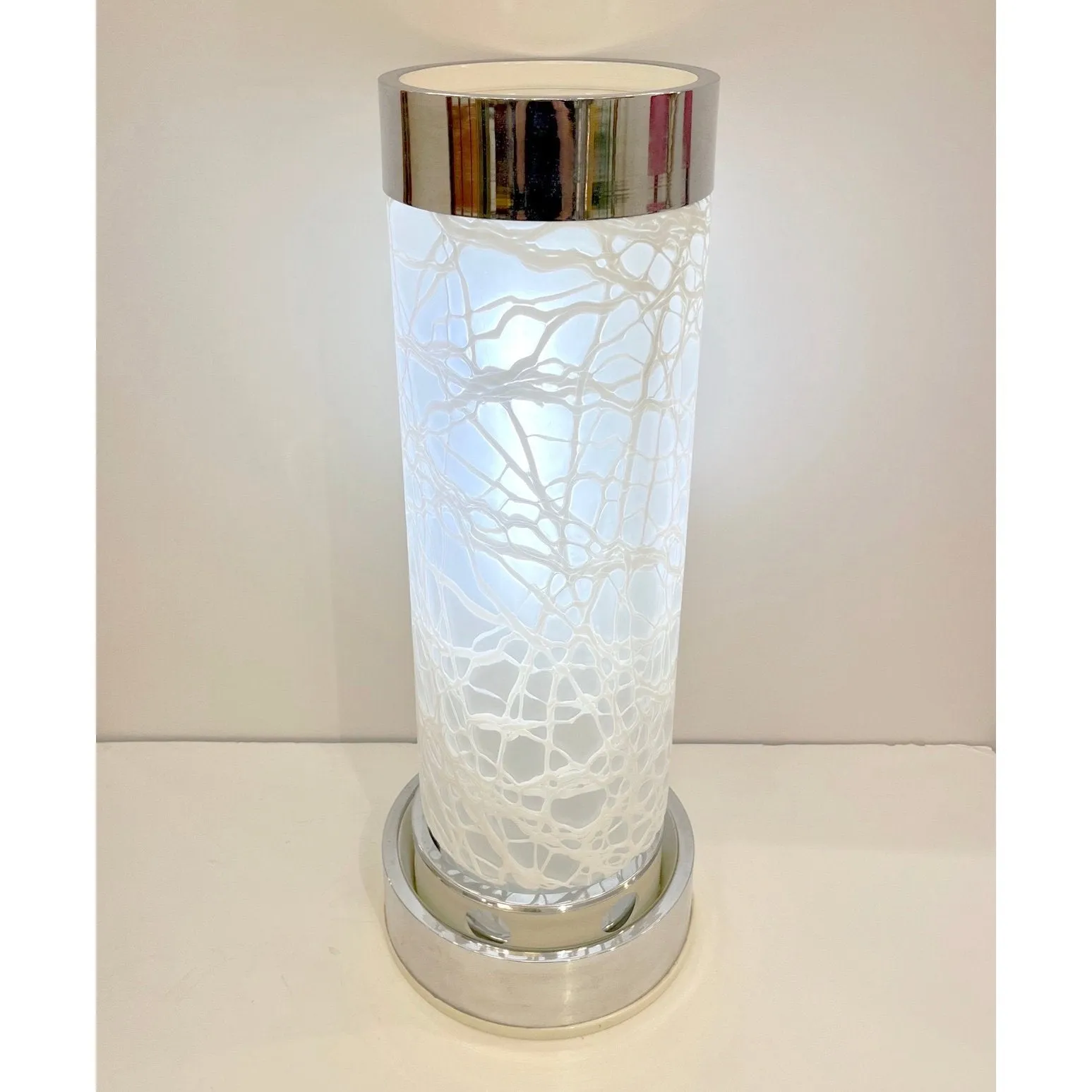 Angelo Brotto 1960s Esperia Vintage White Murano Glass Tubular Chrome Lamp