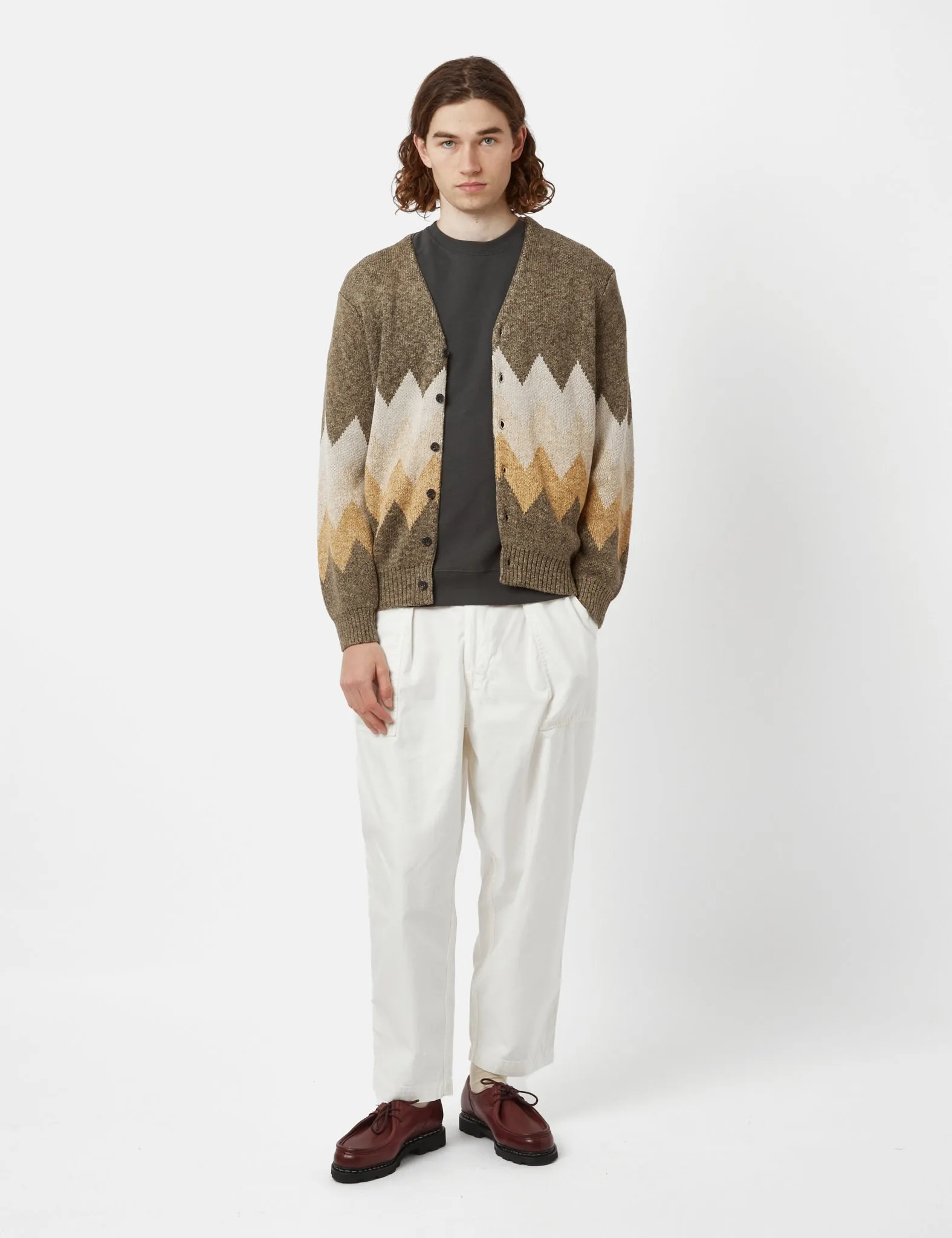 Beams Plus Chevron Stripe Cardigan (Jacquard) - Khaki Brown