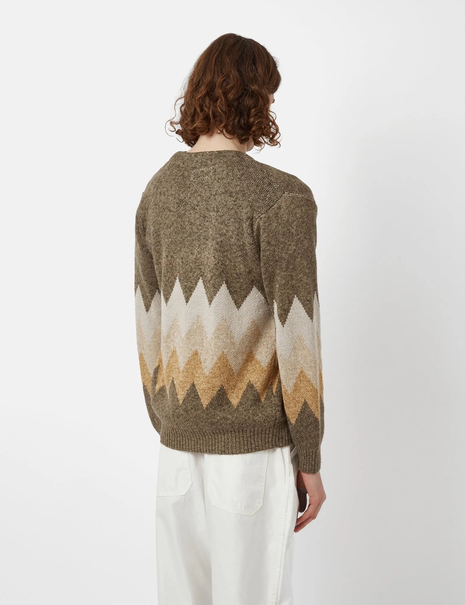 Beams Plus Chevron Stripe Cardigan (Jacquard) - Khaki Brown