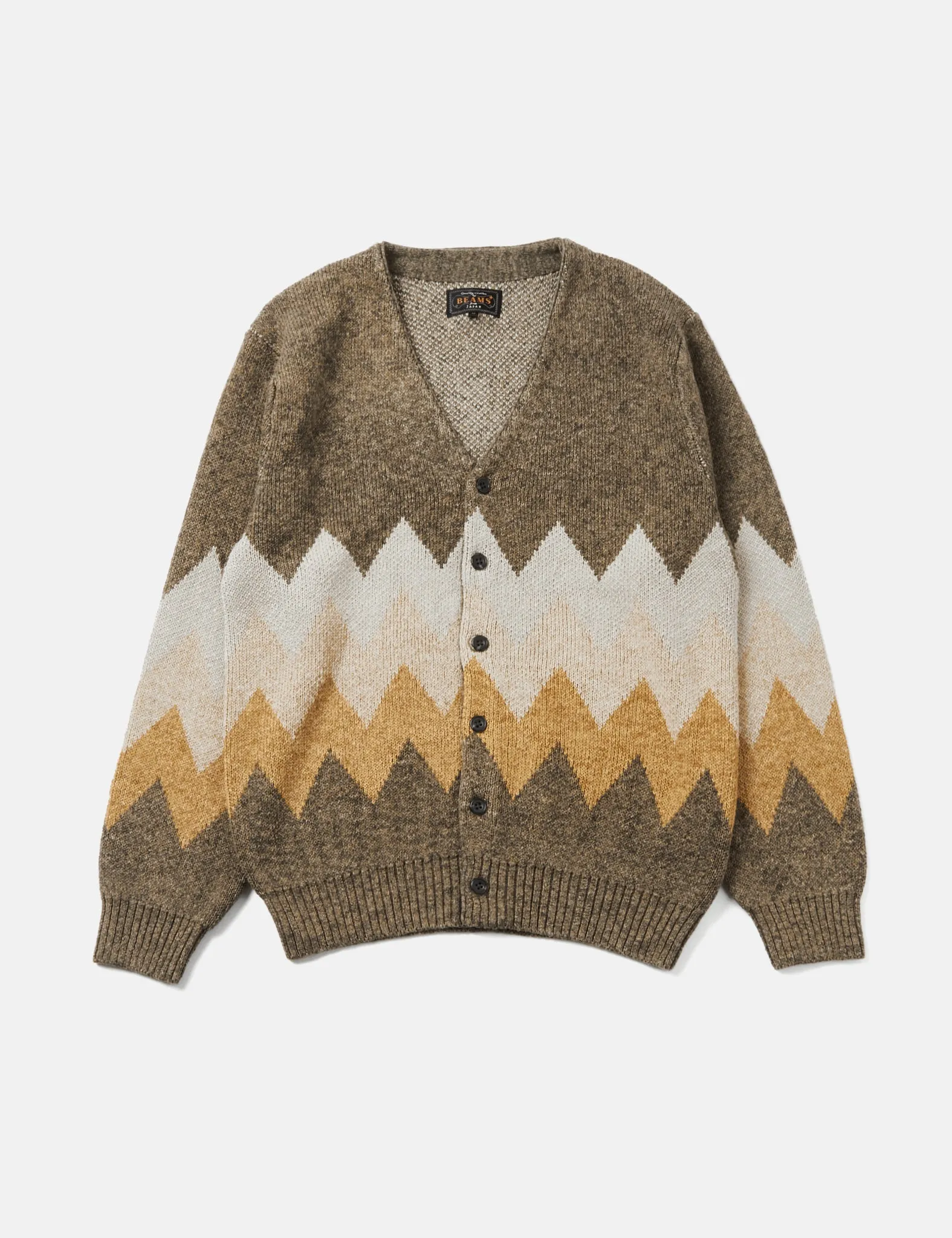 Beams Plus Chevron Stripe Cardigan (Jacquard) - Khaki Brown