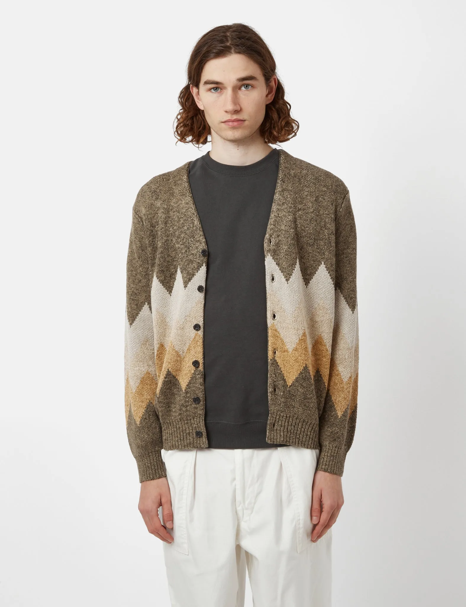 Beams Plus Chevron Stripe Cardigan (Jacquard) - Khaki Brown