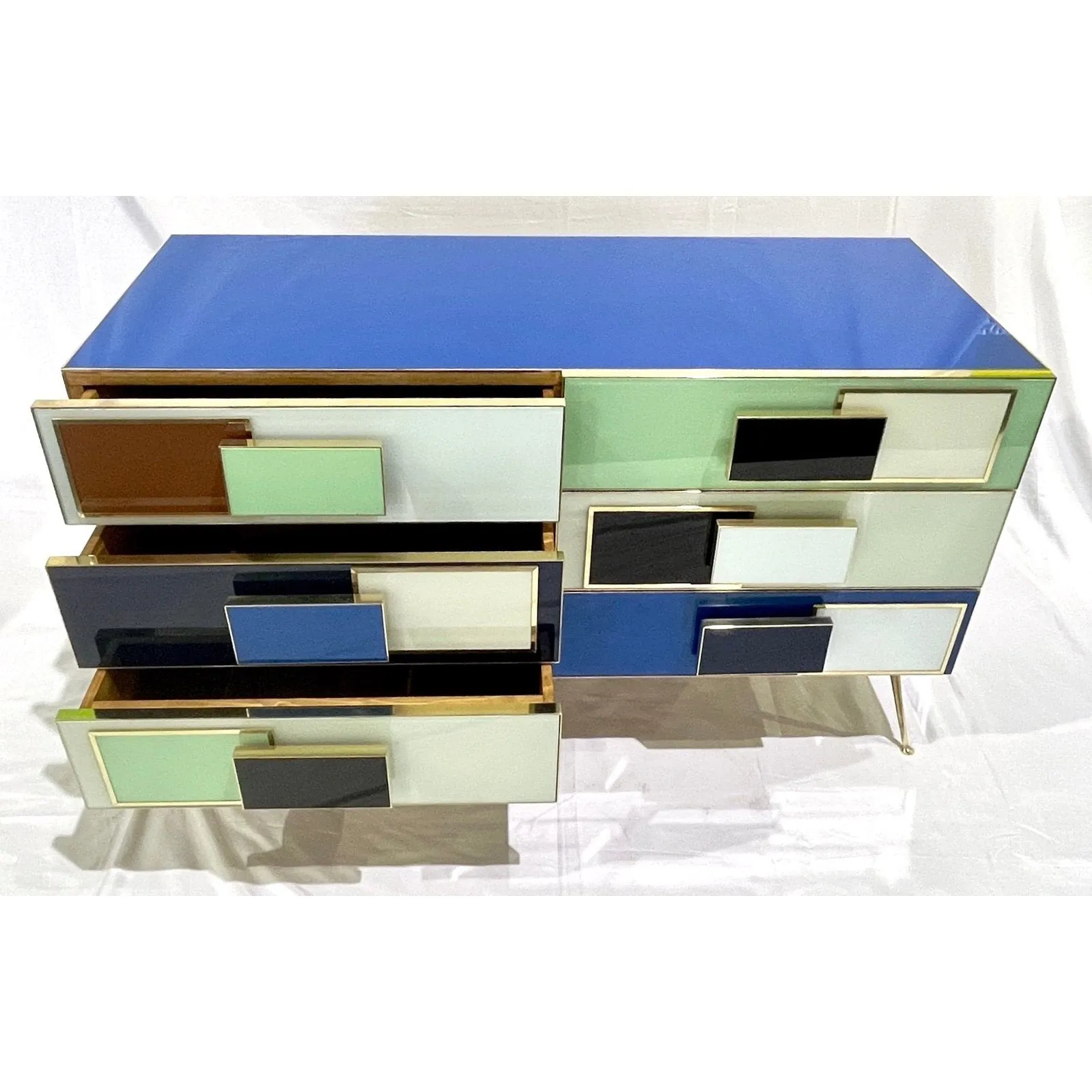 Bespoke Italian Mondrian Style Blue Green White Brown Modern Brass Dresser/Chest