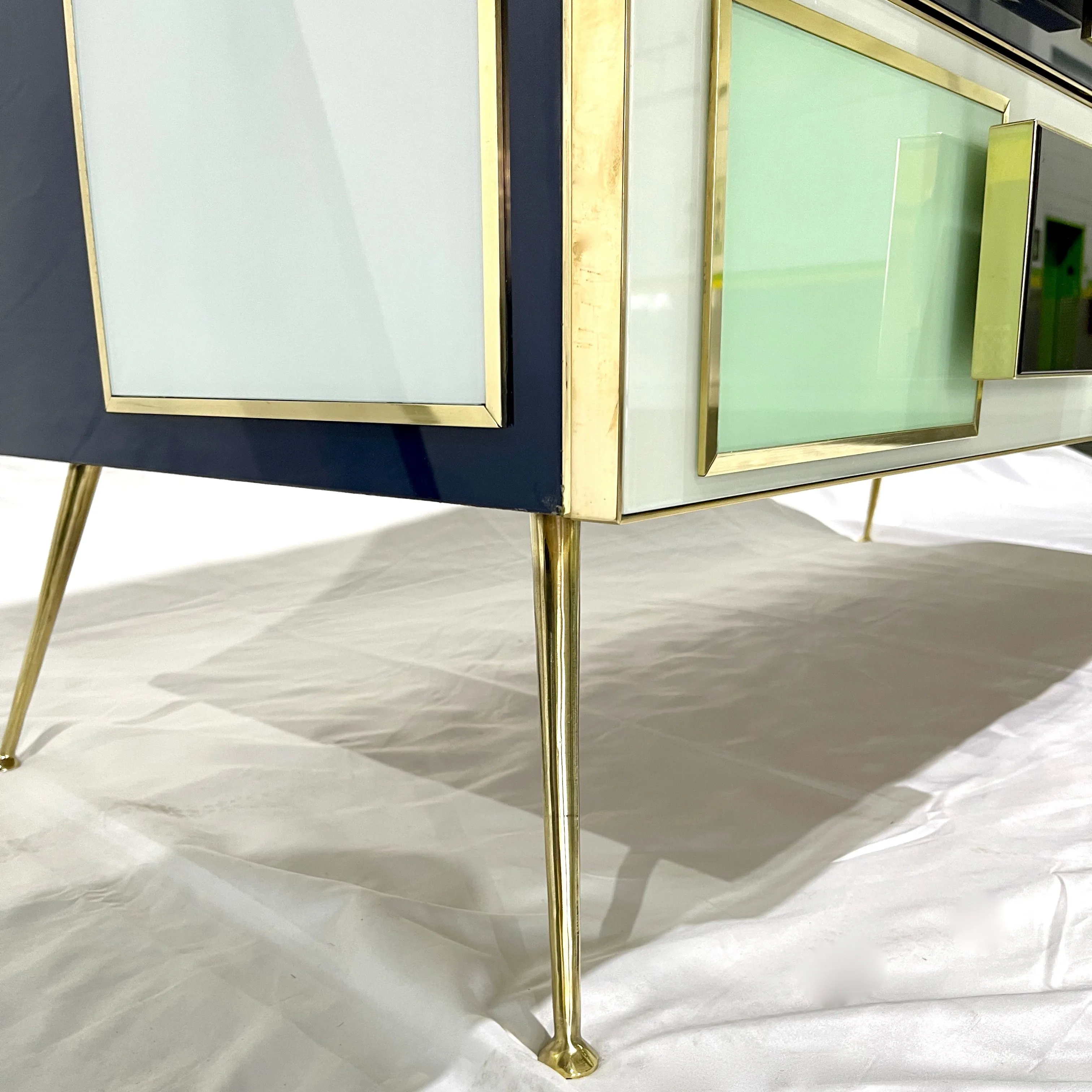 Bespoke Italian Mondrian Style Blue Green White Brown Modern Brass Dresser/Chest