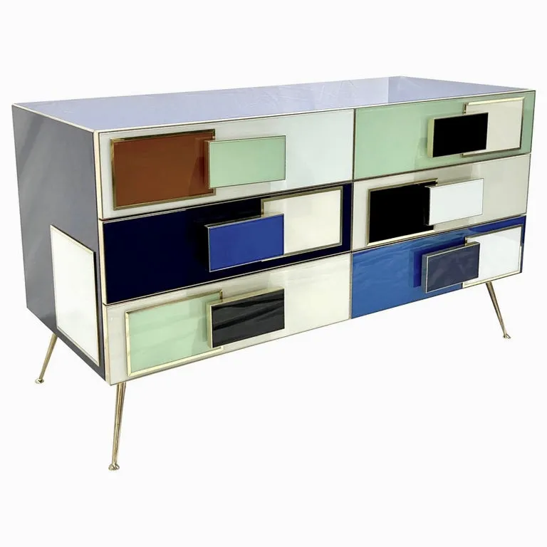 Bespoke Italian Mondrian Style Blue Green White Brown Modern Brass Dresser/Chest