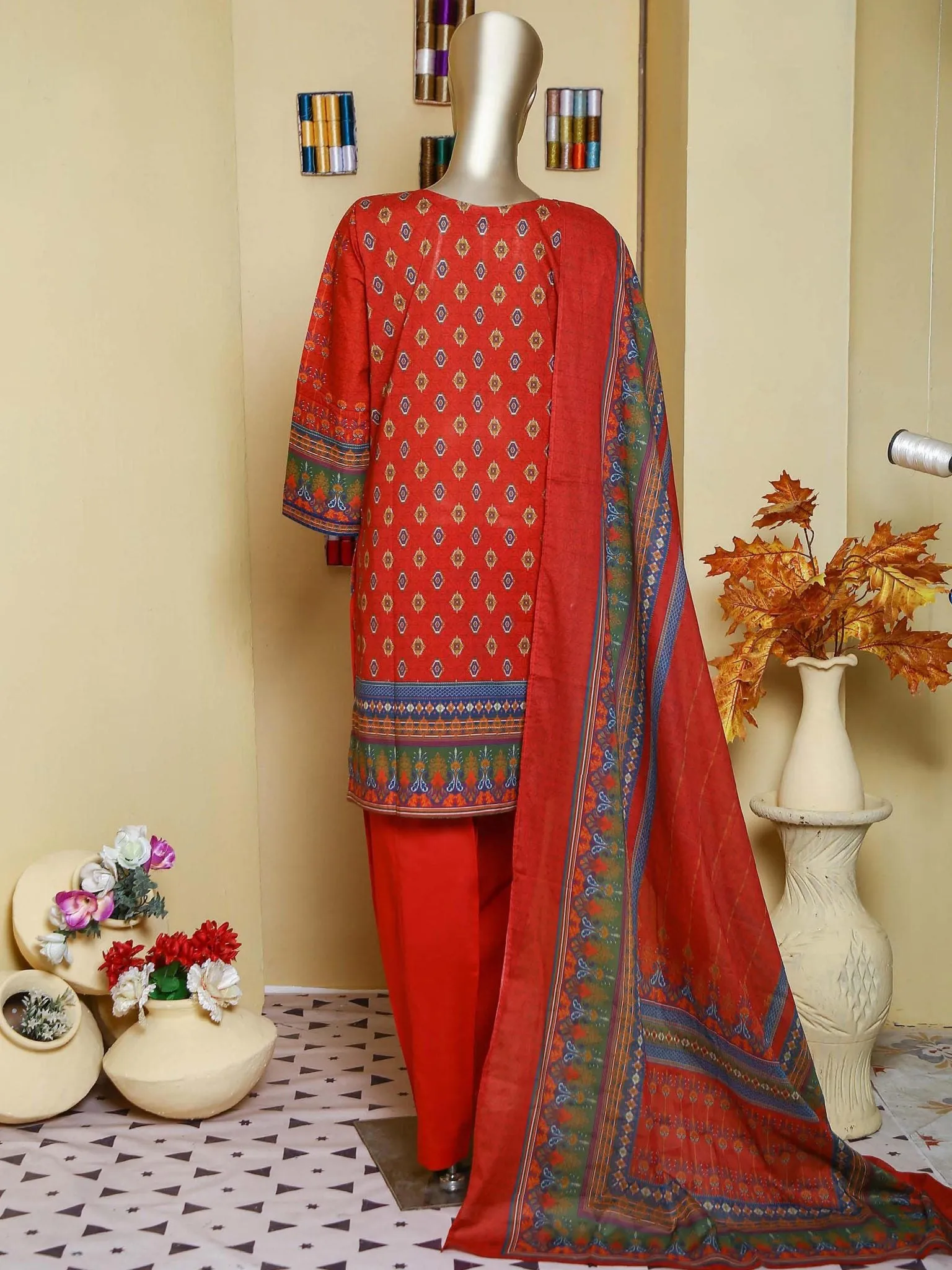 Bin Saeed 3 Piece Stitched Mid Summer Cotton Vol-02 Collection'2021-C-1626-Red