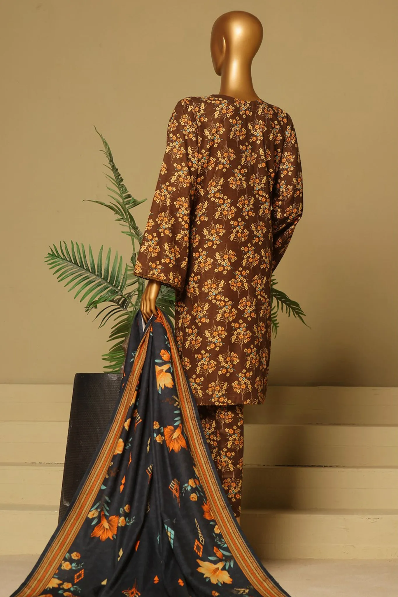 Bin Saeed Stitched 3 Piece Exclusive Printed Khaddar Vol-06 Collection'2024-WK-1135-Brown