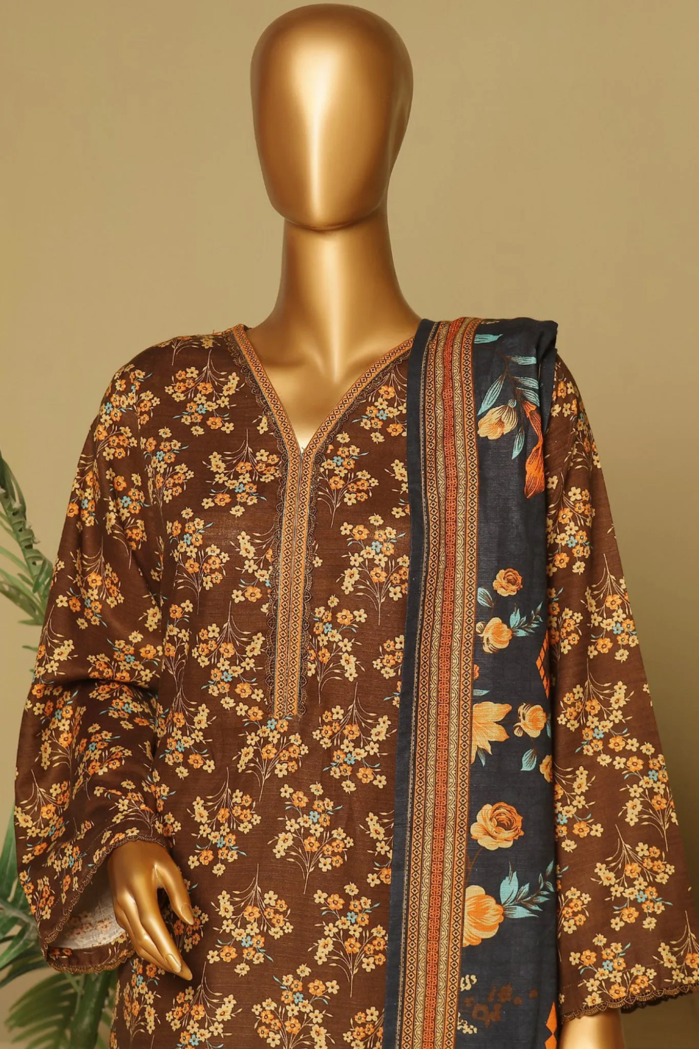 Bin Saeed Stitched 3 Piece Exclusive Printed Khaddar Vol-06 Collection'2024-WK-1135-Brown