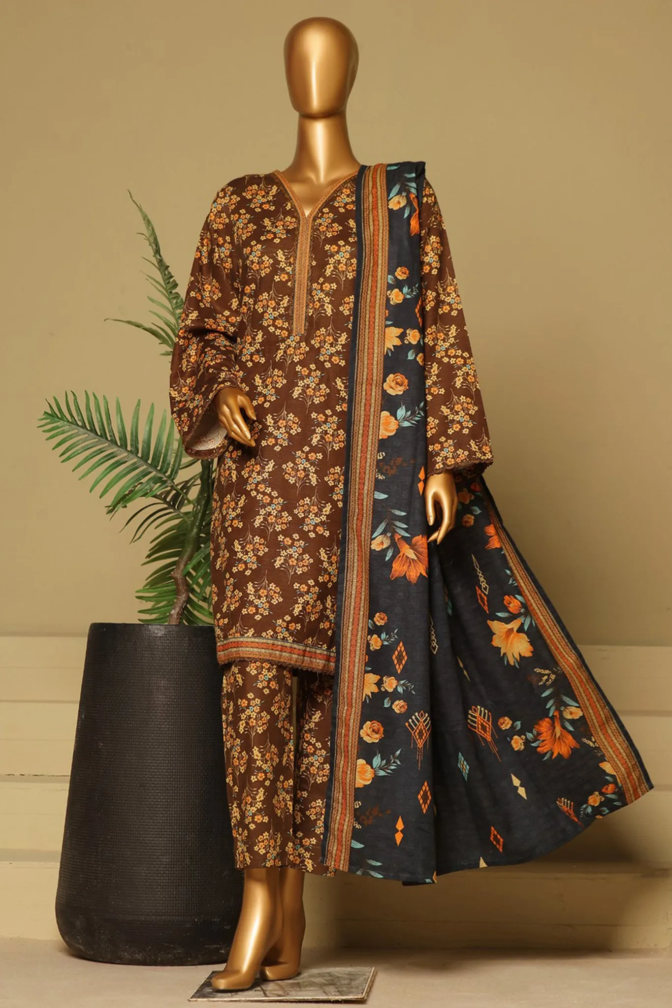 Bin Saeed Stitched 3 Piece Exclusive Printed Khaddar Vol-06 Collection'2024-WK-1135-Brown