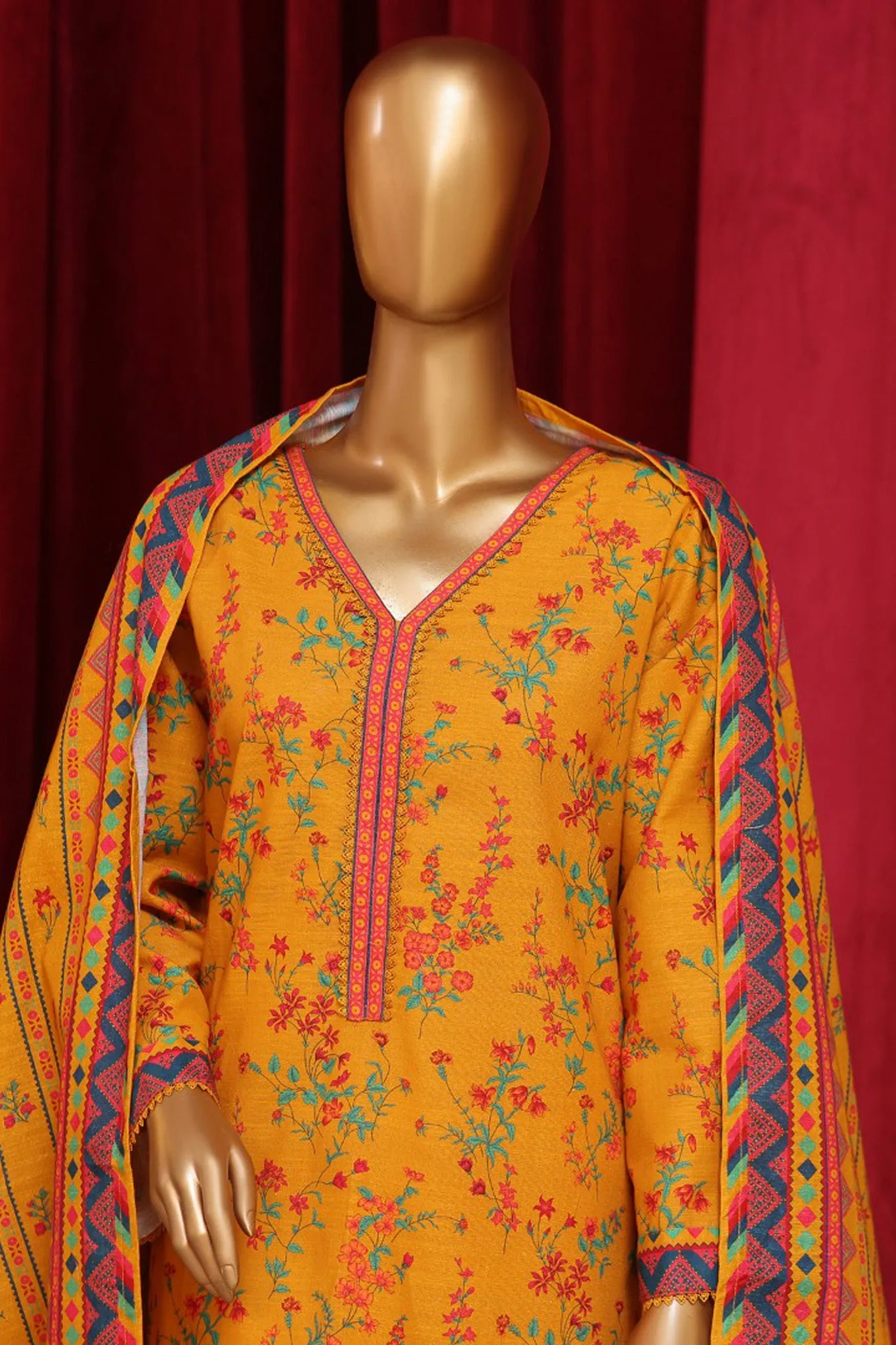 Bin Saeed Stitched 3 Piece Exclusive Printed Khaddar Vol-07 Collection'2024-WK-1156-Mustard