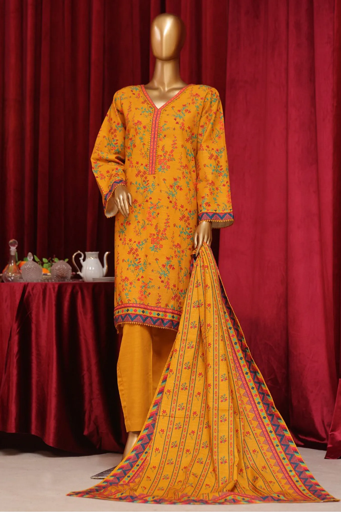 Bin Saeed Stitched 3 Piece Exclusive Printed Khaddar Vol-07 Collection'2024-WK-1156-Mustard