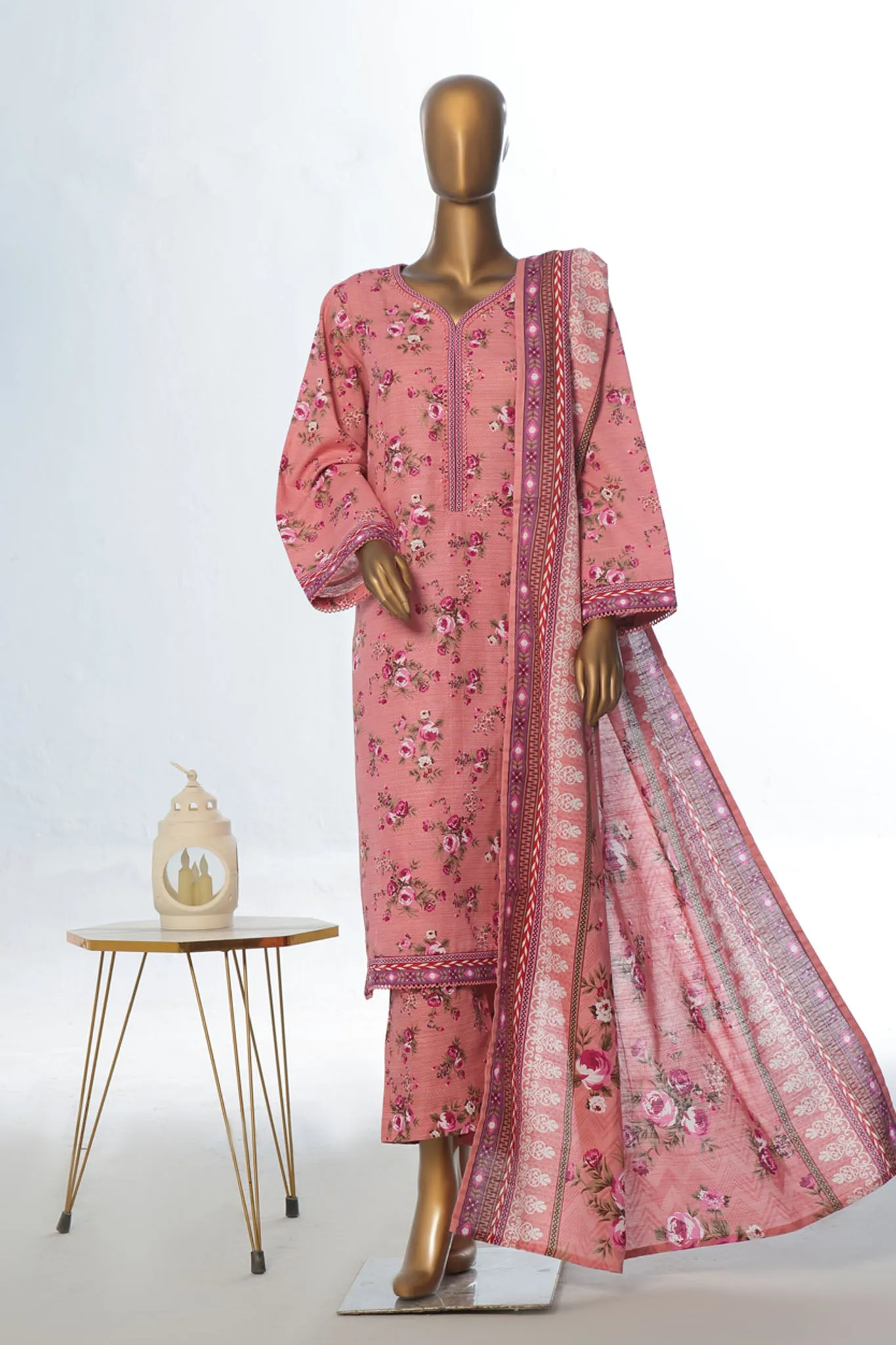 Bin Saeed Stitched 3 Piece Exclusive Printed Khaddar Vol-12 Collection'2024-WK-1262-Pink