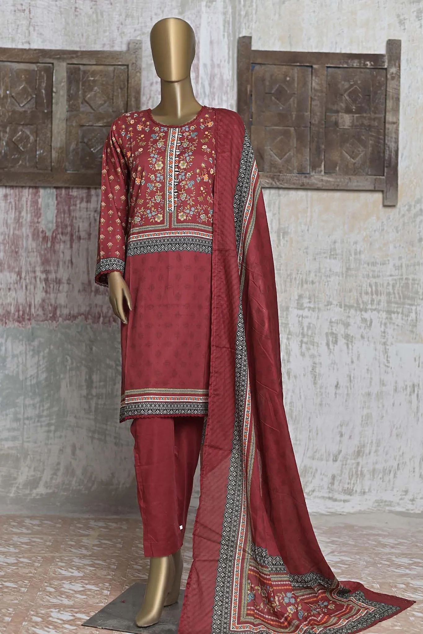 Bin Saeed Stitched 3 Piece Printed Cotton Collection'2022-CF-0020-Maroon