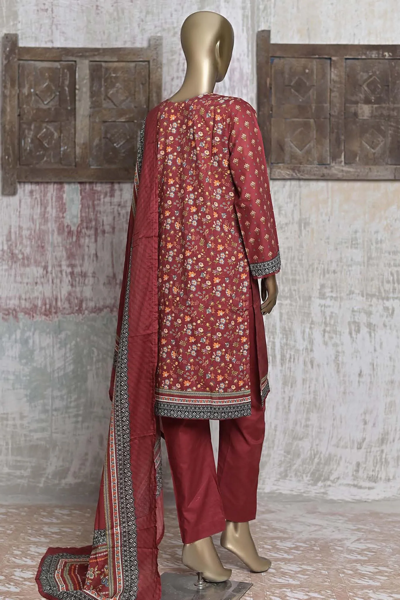 Bin Saeed Stitched 3 Piece Printed Cotton Collection'2022-CF-0020-Maroon