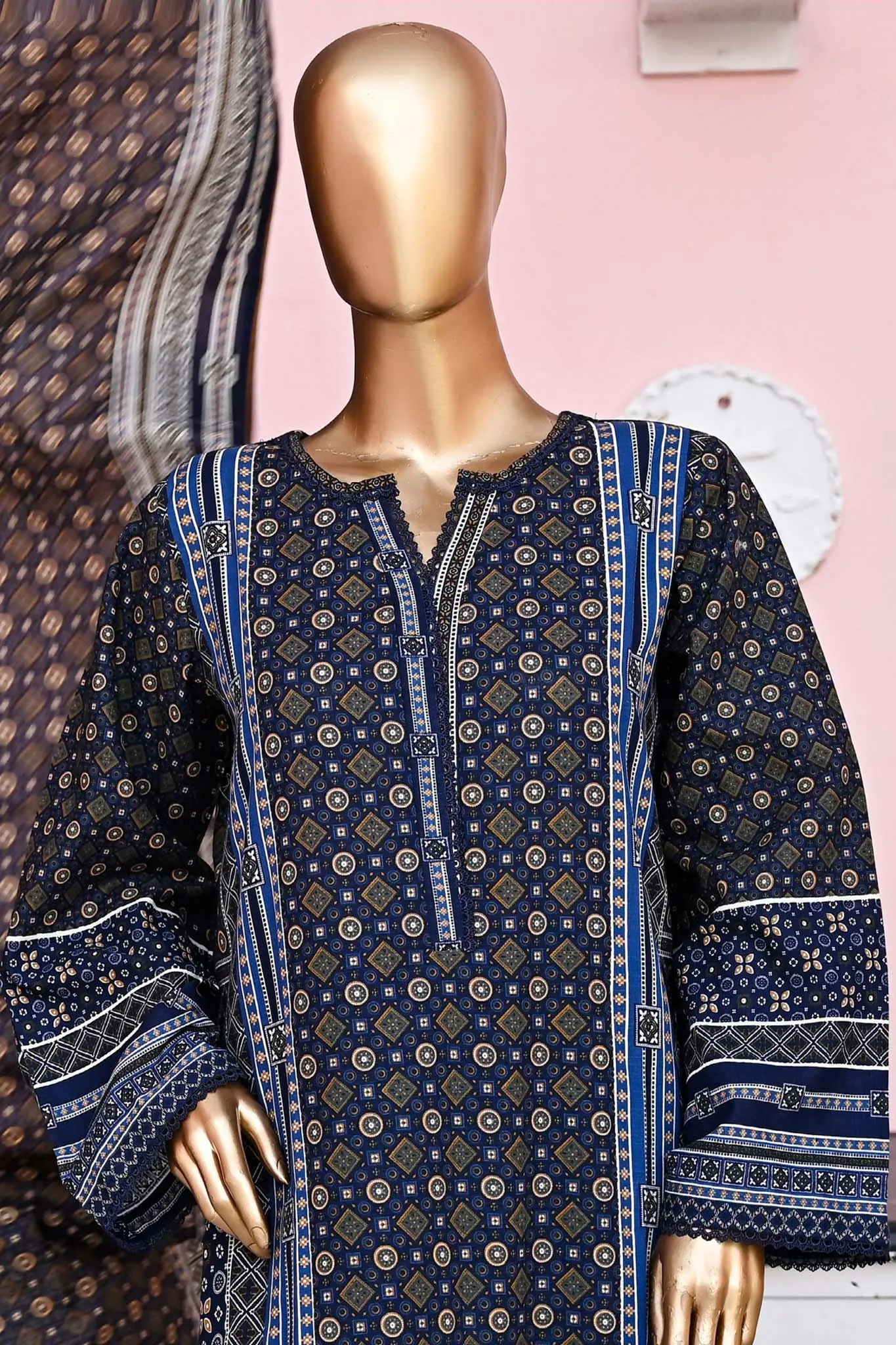 Bin Saeed Stitched 3 Piece Printed Khaddar Collection'2023-WKF-011-Navy Blue