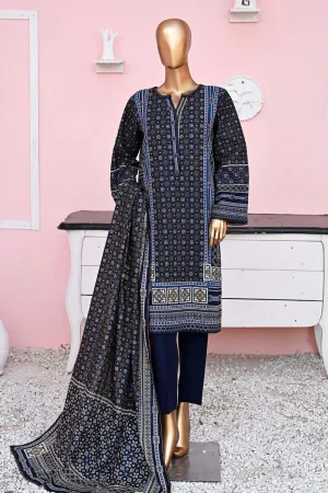 Bin Saeed Stitched 3 Piece Printed Khaddar Collection'2023-WKF-011-Navy Blue