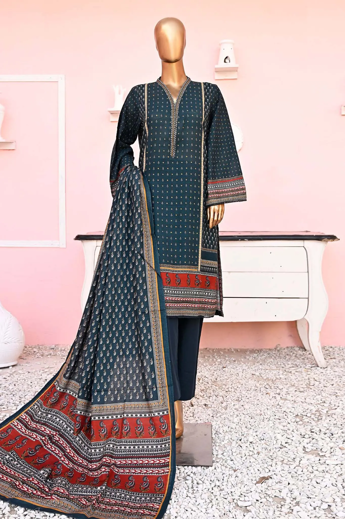 Bin Saeed Stitched 3 Piece Printed Khaddar Collection'2023-WKF-022-Dark Green