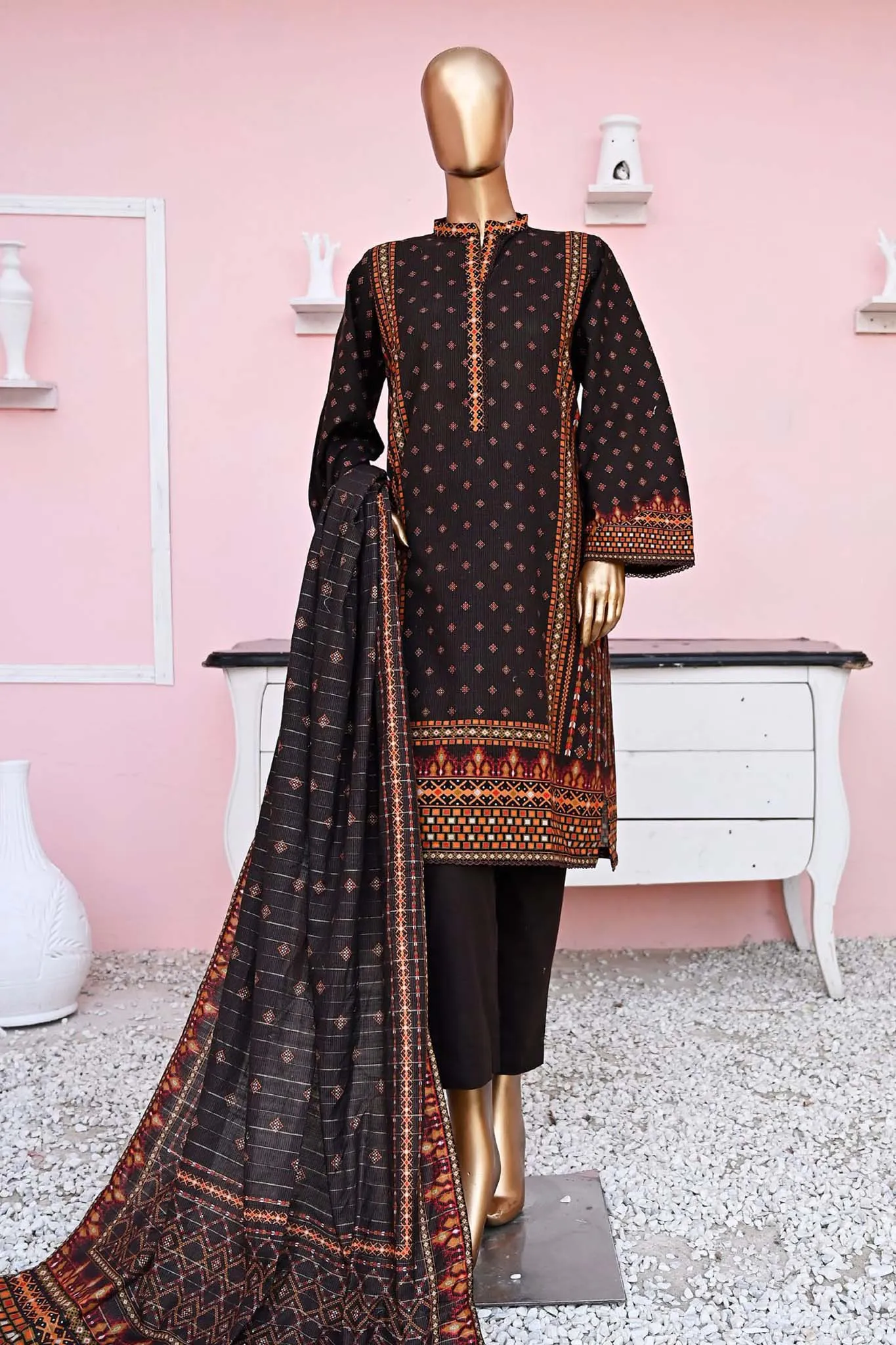 Bin Saeed Stitched 3 Piece Printed Khaddar Collection'2023-WKF-044-Brown