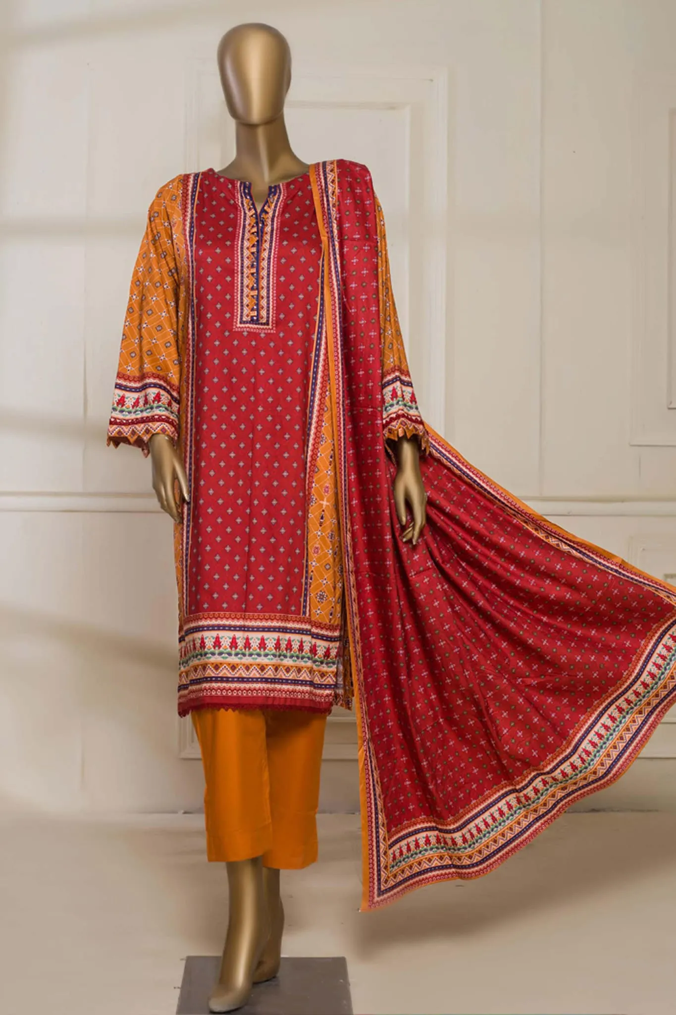 Bin Saeed Stitched 3 Piece Printed Linen Collection'2022-LIN-5443-Red