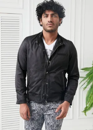 Black Leather Trim Zipper Jacket