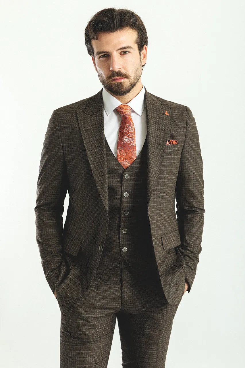 Brown Slim Fit Peak Lapel 3 Piece Check Suit | GentWith