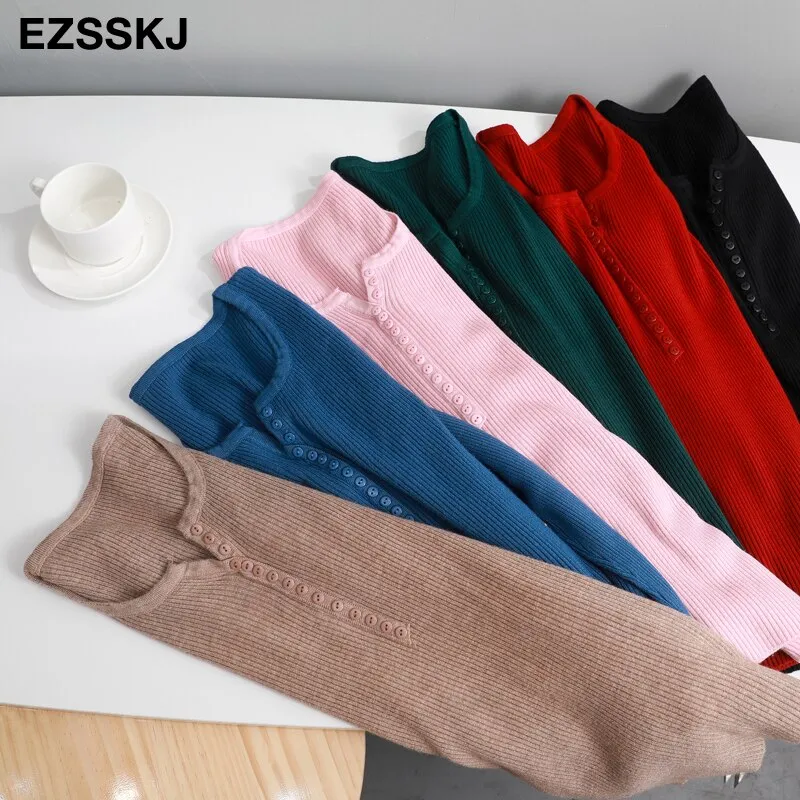 casual Autumn spring Basic Sweater pullovers Women v-neck Solid Knit Slim Pullover female Long Sleeve warm button Sweater