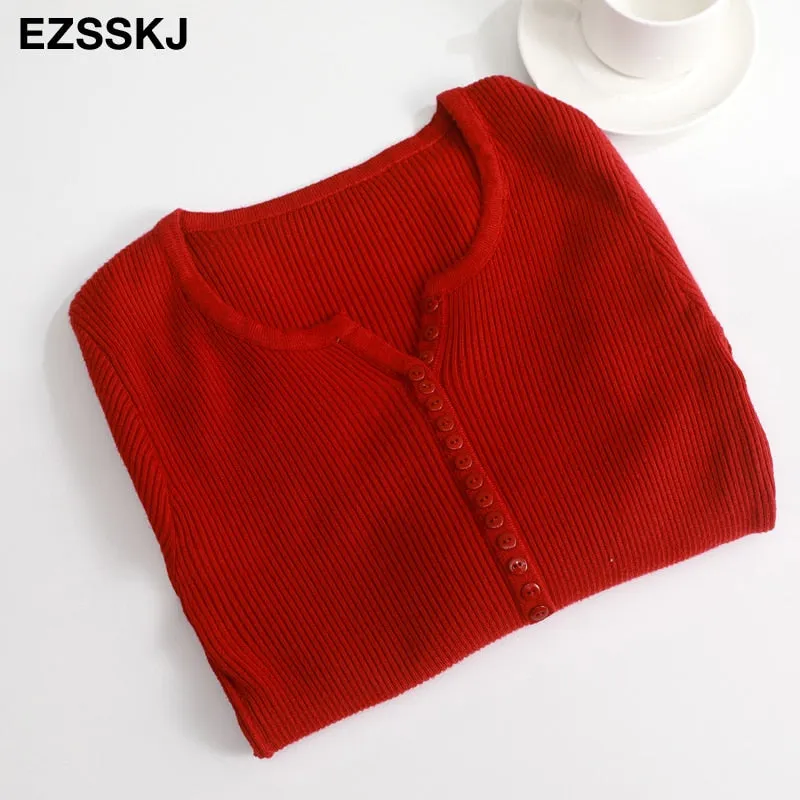 casual Autumn spring Basic Sweater pullovers Women v-neck Solid Knit Slim Pullover female Long Sleeve warm button Sweater