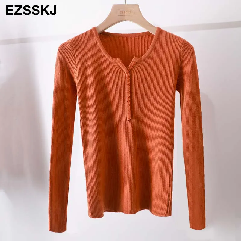 casual Autumn spring Basic Sweater pullovers Women v-neck Solid Knit Slim Pullover female Long Sleeve warm button Sweater