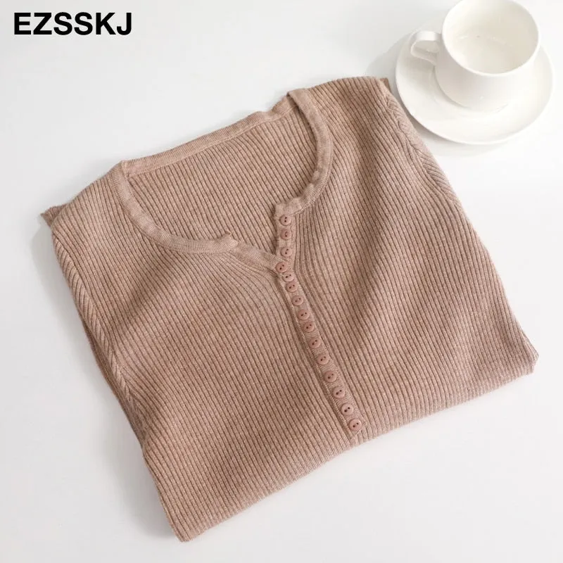 casual Autumn spring Basic Sweater pullovers Women v-neck Solid Knit Slim Pullover female Long Sleeve warm button Sweater