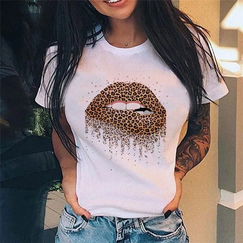 Casual Lip Print Design Short Sleeved T Shirt