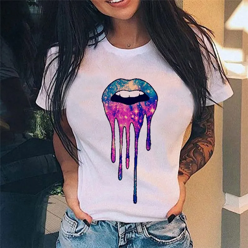 Casual Lip Print Design Short Sleeved T Shirt