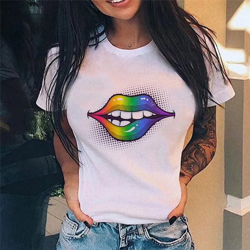 Casual Lip Print Design Short Sleeved T Shirt