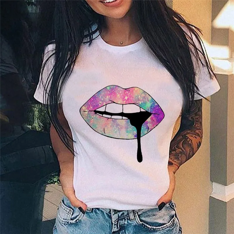 Casual Lip Print Design Short Sleeved T Shirt