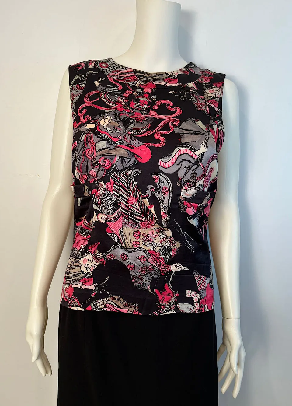 Chanel 10A 2010 Pre-Fall Paris Shanghai Black/Pink Samurai Silk Blouse FR 42 US 8/10