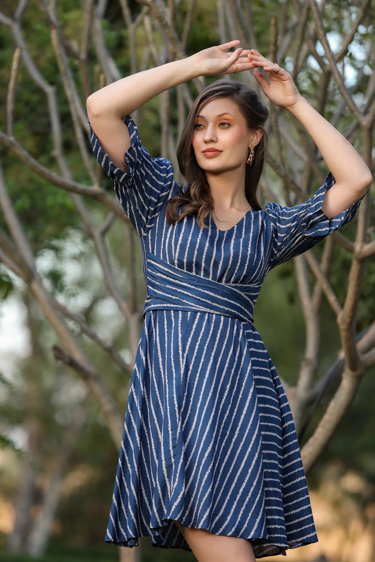 Chevron Blue Back Tie-up Summer Dress