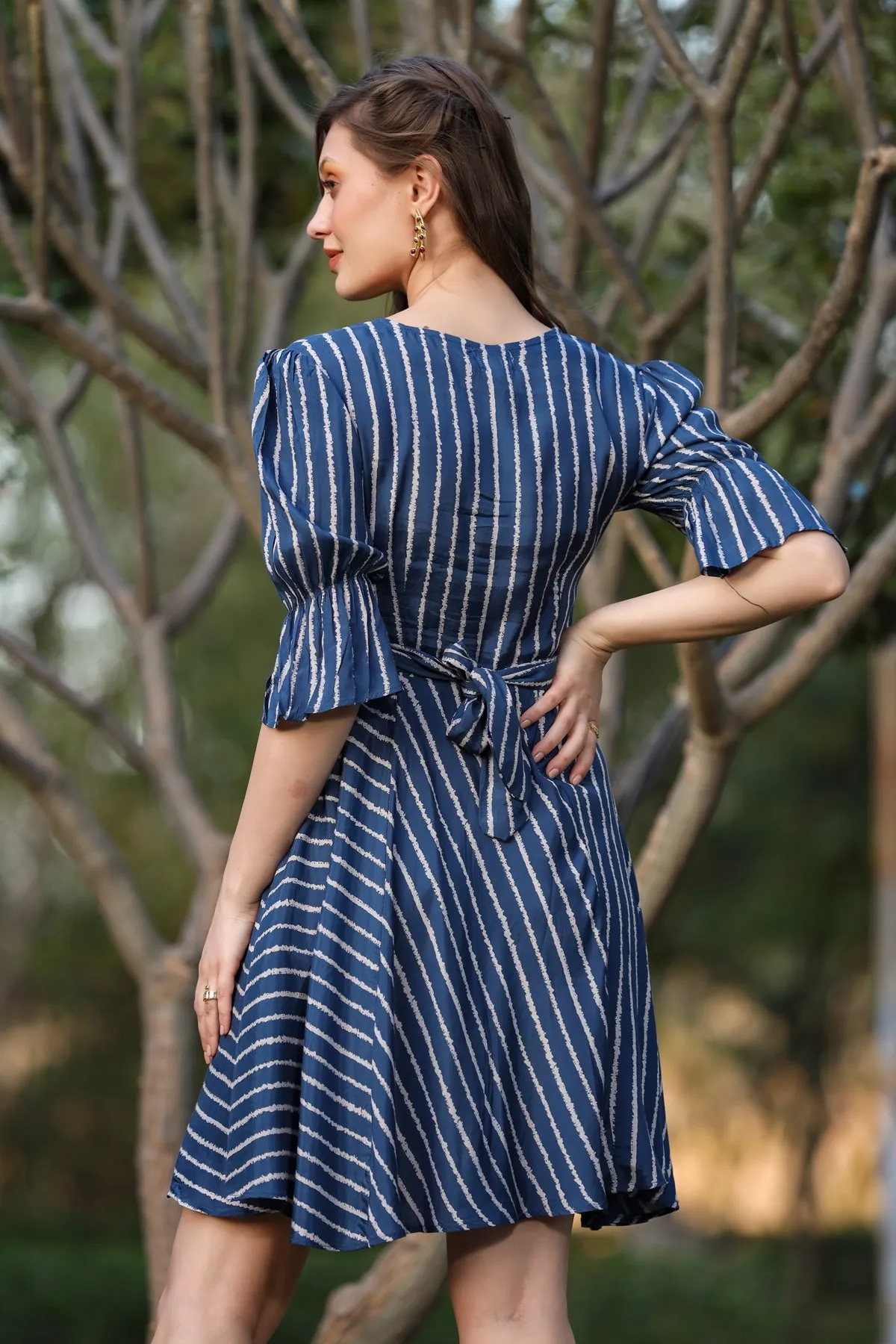 Chevron Blue Back Tie-up Summer Dress