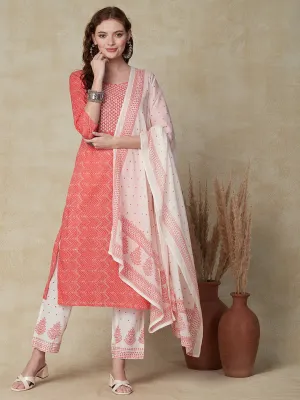 Chevron Printed Resham & Zari Embroidered Kurta with Pants & Dupatta - Coral