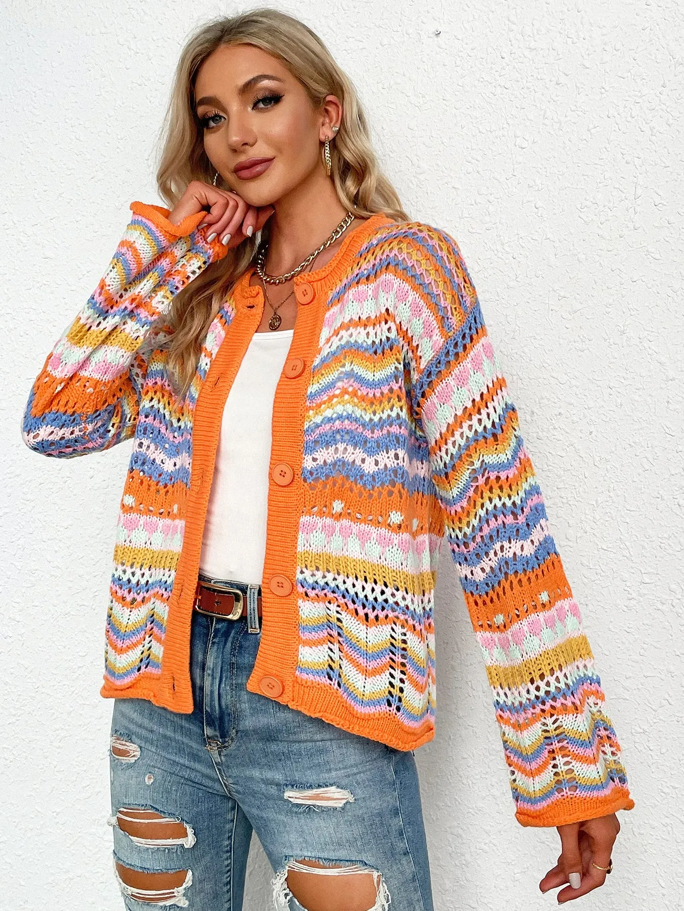 Chevron Stripes Openwork Cardigan - 3 colors